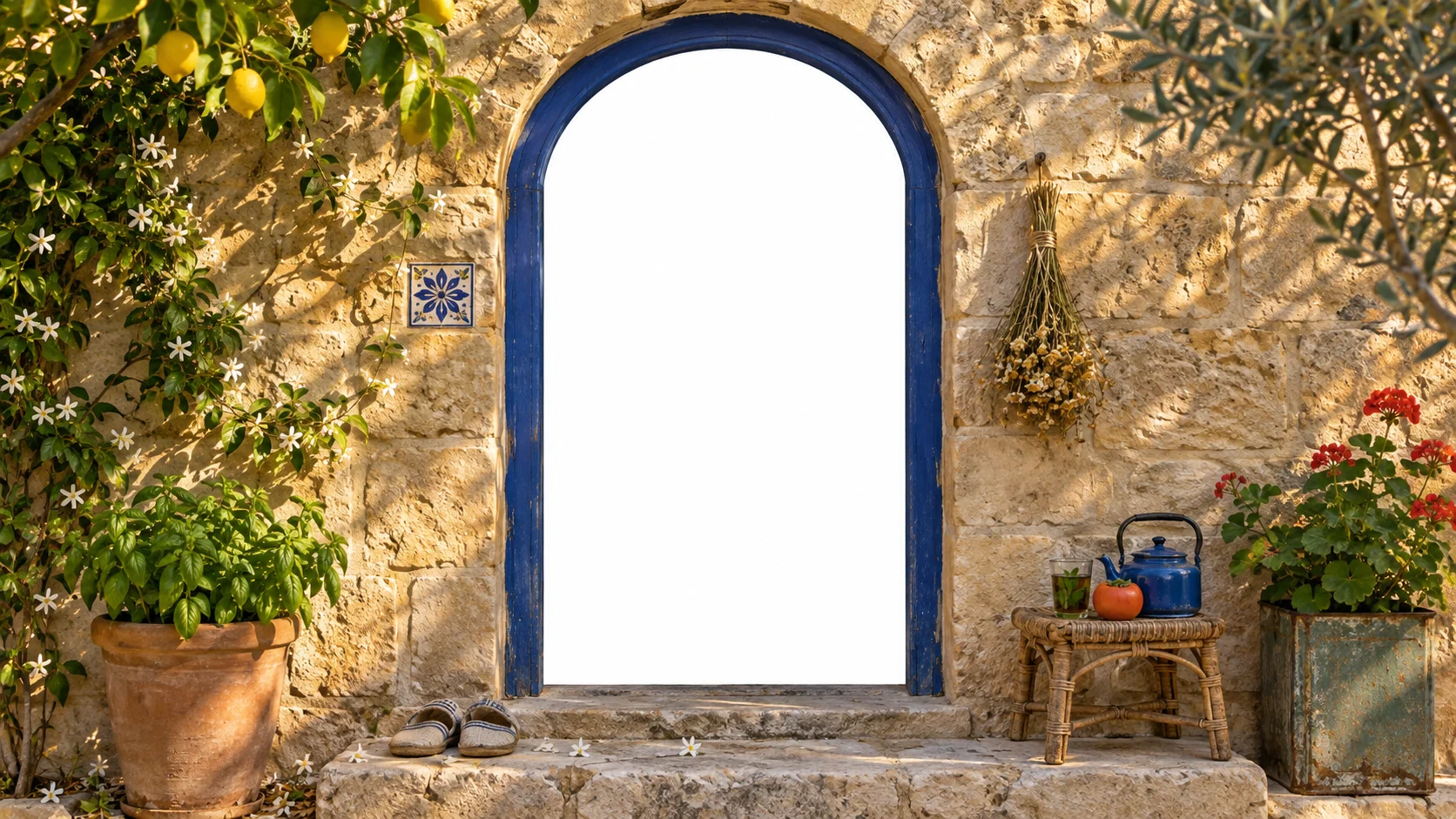 باب صغير في جدار من حجر عمّاني، مفتوح على الأبيض