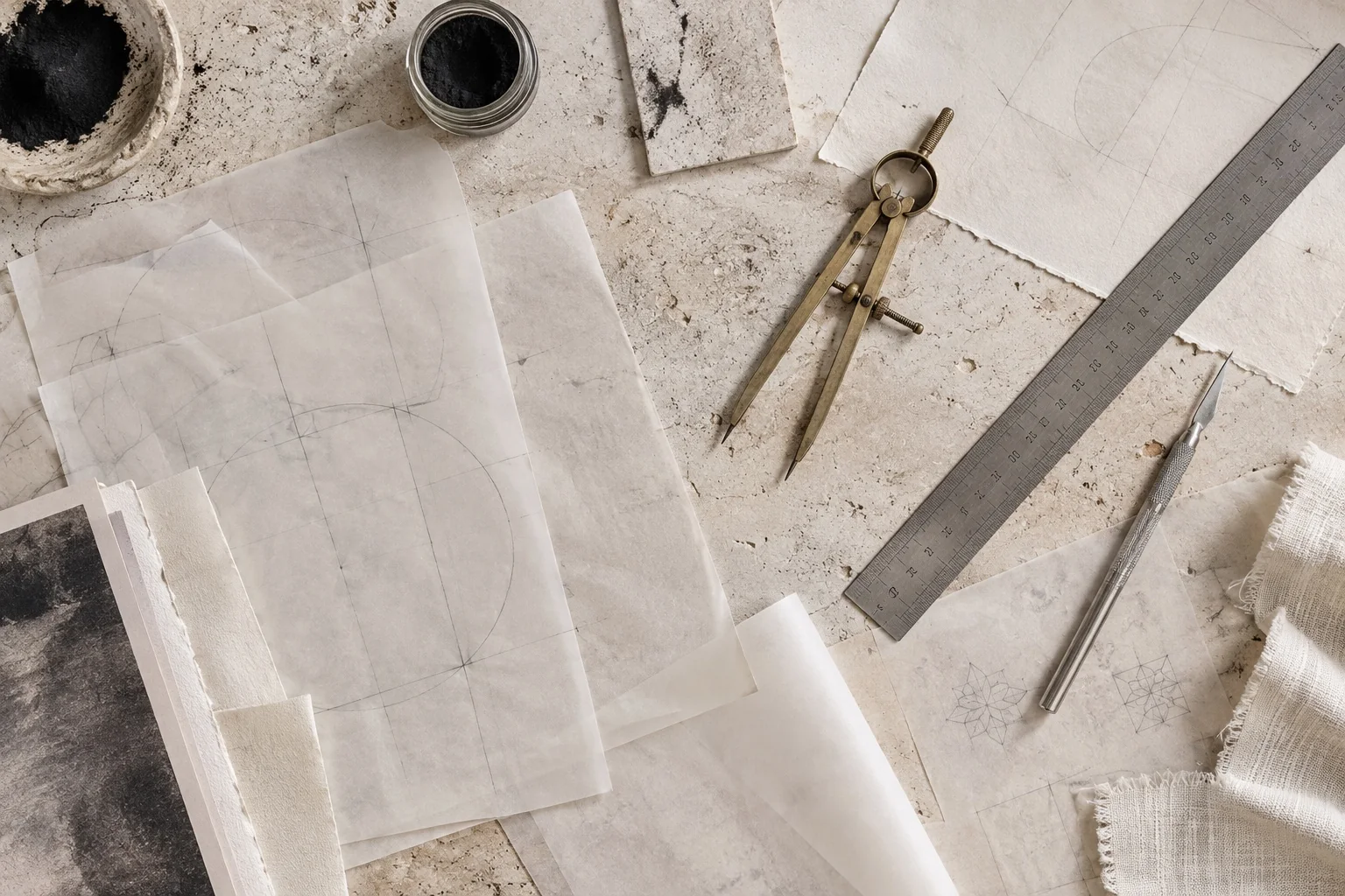 Editorial still life of drawing instruments, paper and material studies