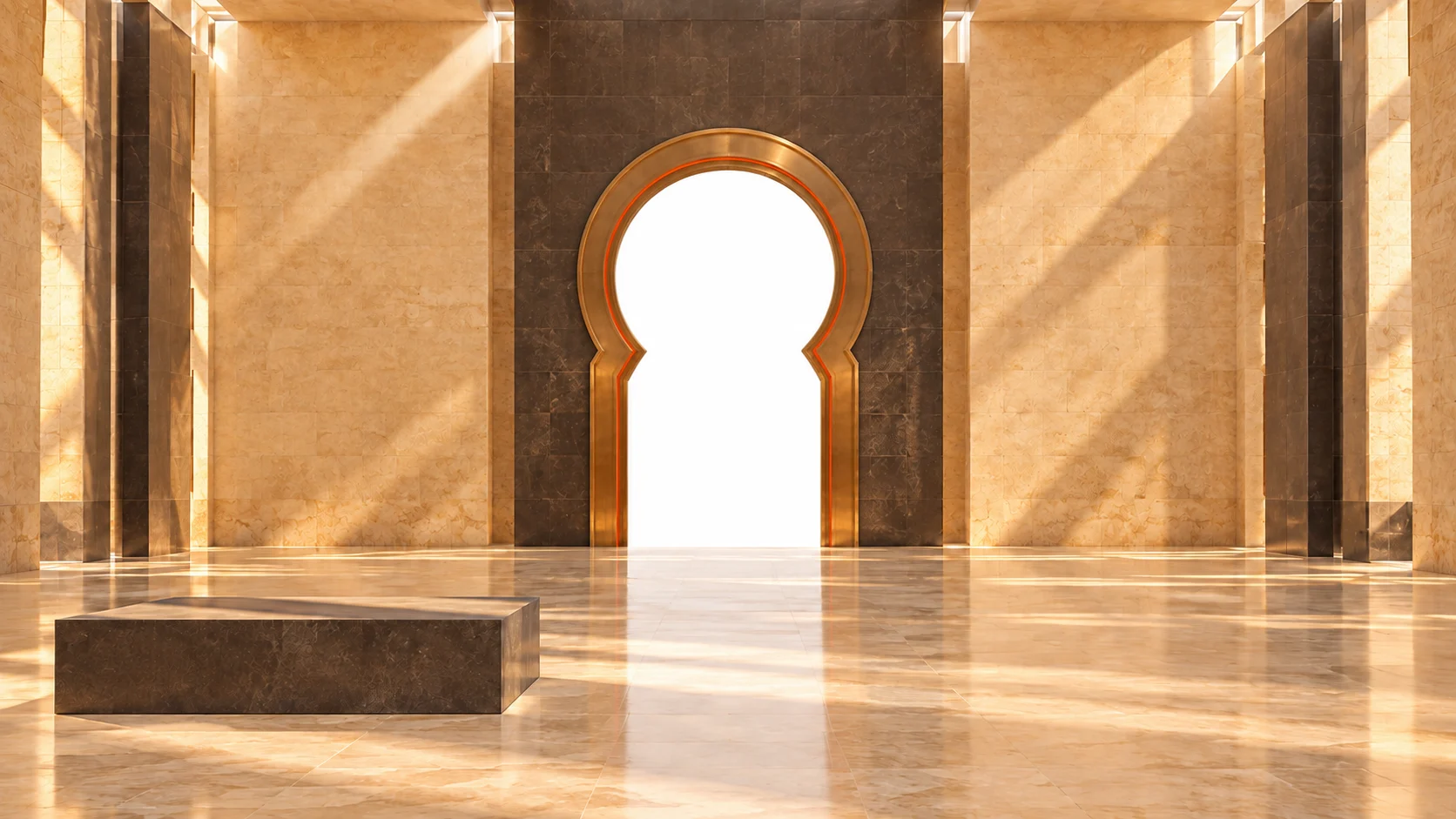 A sunlit limestone and basalt sculpture hall with a bronze horseshoe doorway