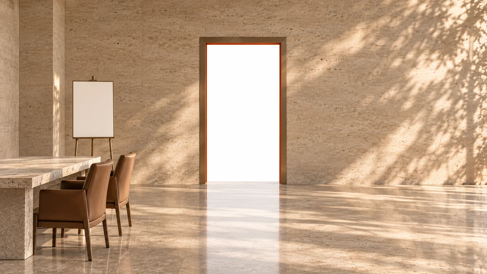 A sunlit travertine decision room with leather armchairs and a bronze doorway
