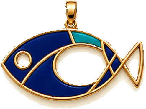 MISHKAH Fish pendant, front: gold with cobalt and turquoise enamel