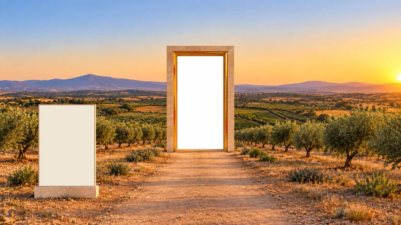 Olive groves and hills at sunset, with a limestone doorway on a dirt path