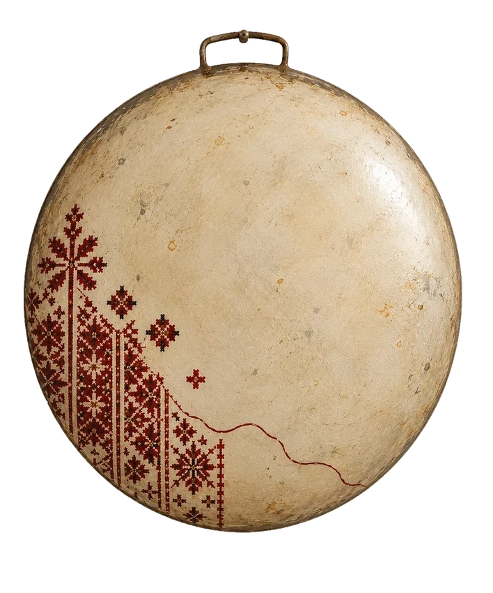 First Stitch, a painted saj by Wafa Abuwafa, hanging by its handle